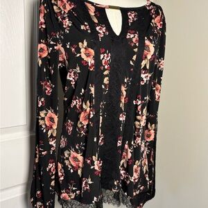 White House Black Market Black and Pink Graphic Cut Out Blouse